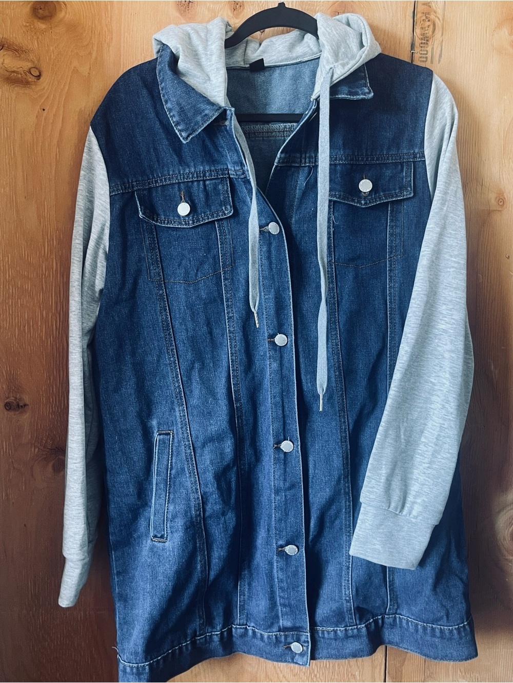 SHEIN Blue Denim Hooded Jacket with Gray Knit Sleeves